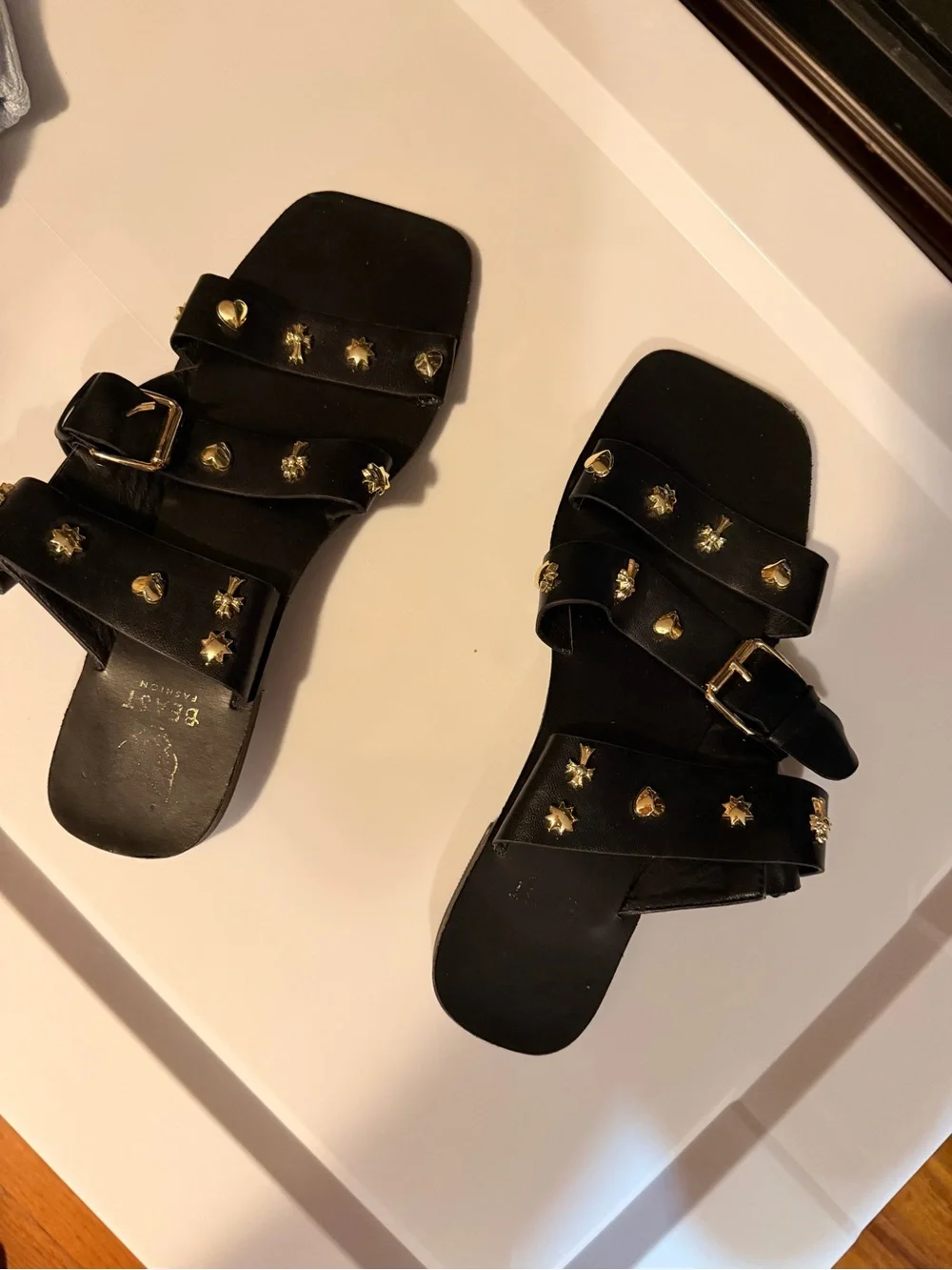 BEAST FASHION Black Slide Sandals with Gold Studs